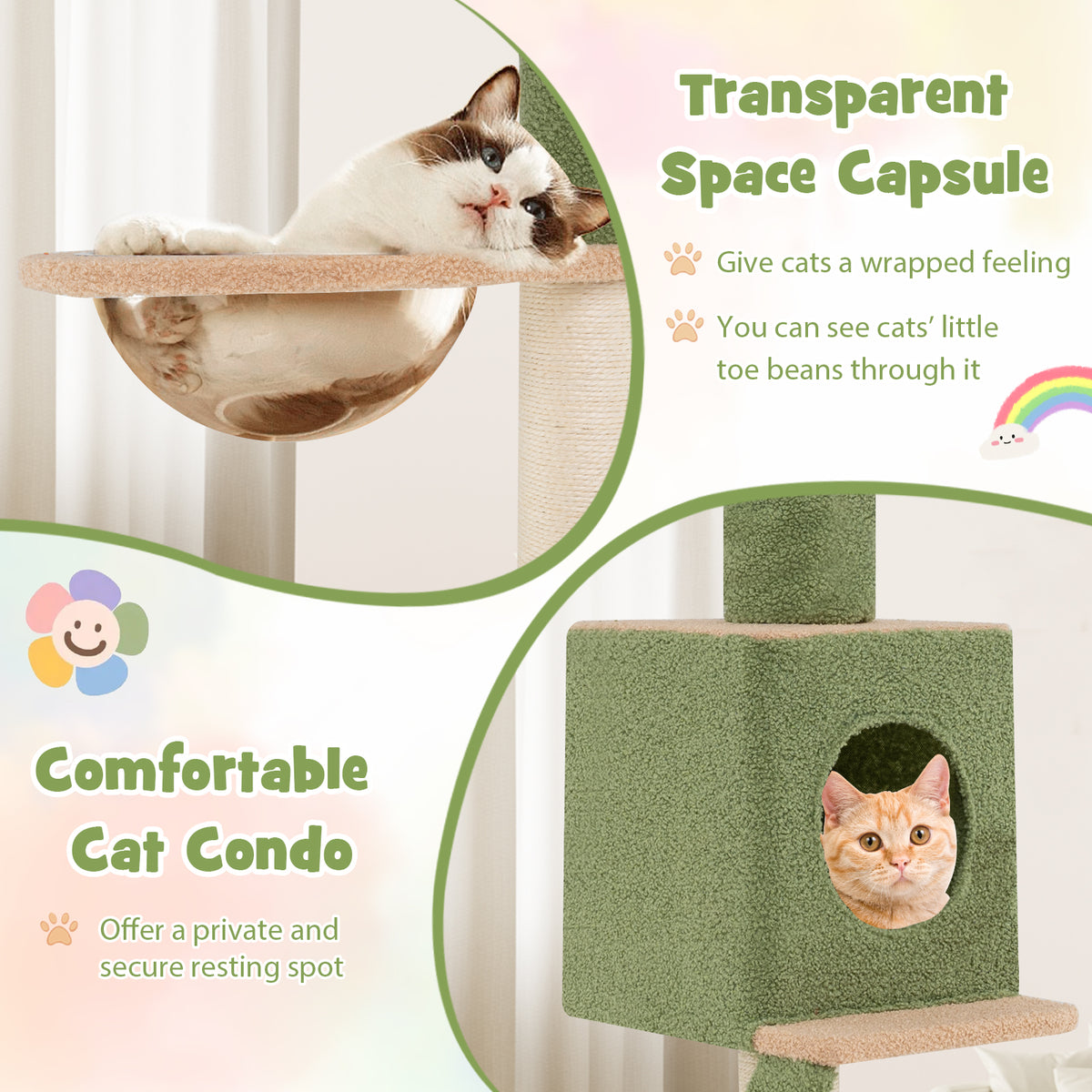 Adjustable Floor to Ceiling Cat Tree with Extra Post - Green, 86-99.5 Inch