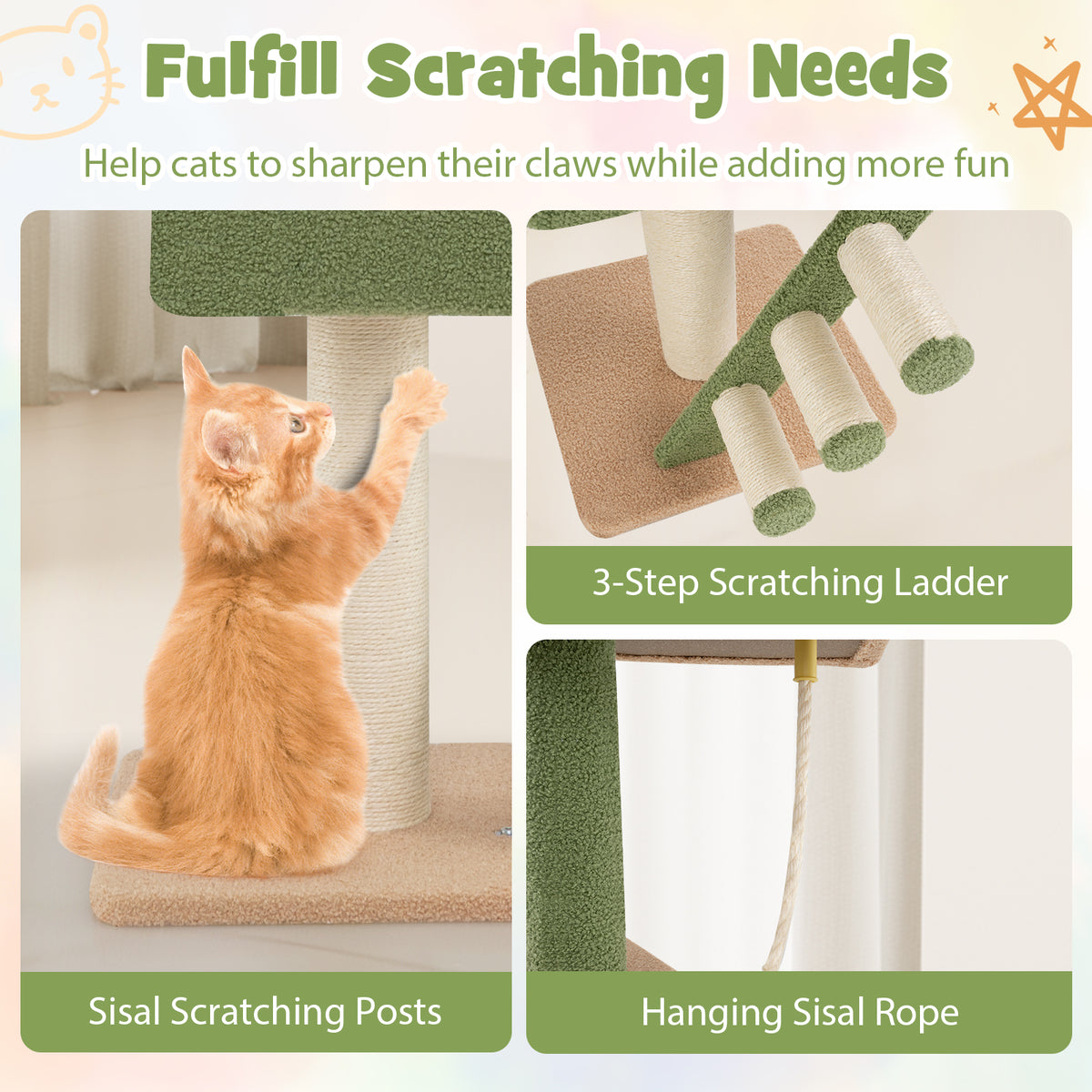 Adjustable Floor to Ceiling Cat Tree with Extra Post - Green, 86-99.5 Inch