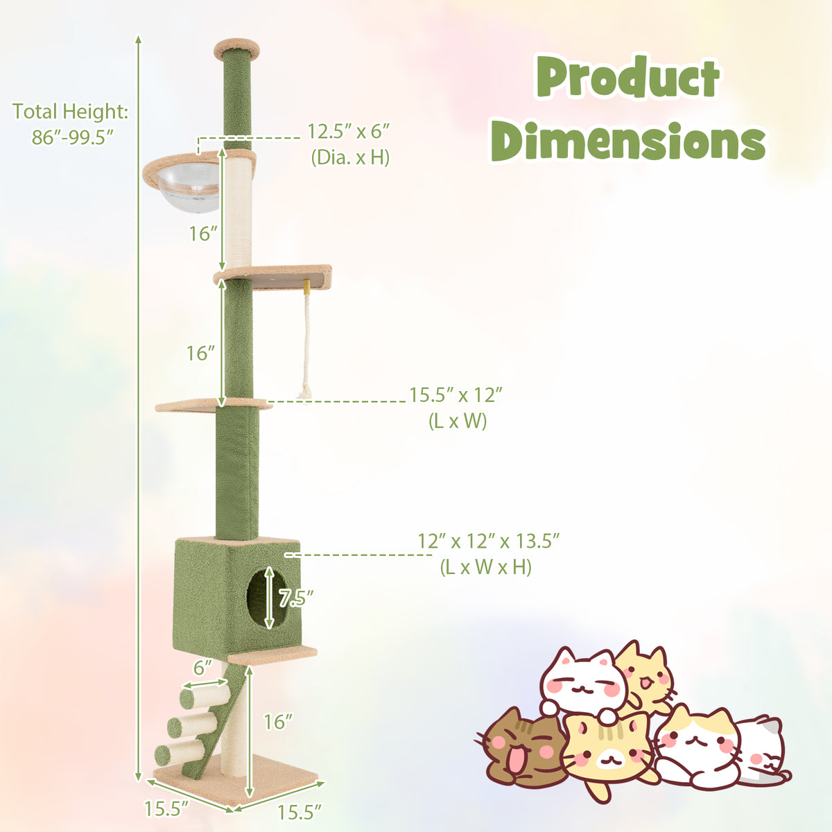 Adjustable Floor to Ceiling Cat Tree with Extra Post - Green, 86-99.5 Inch