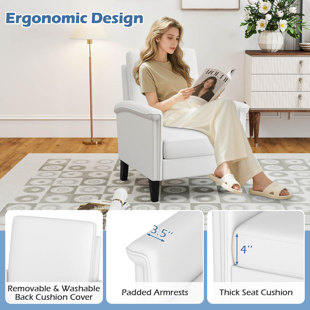 Floral Accent Chair with Wood Legs - Beige
