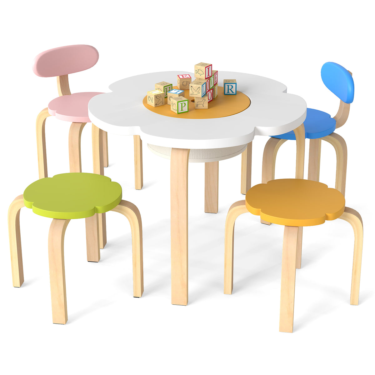 Flower-Shaped Children Table Set with 2 Colorful Chairs and Stools - Multicolor