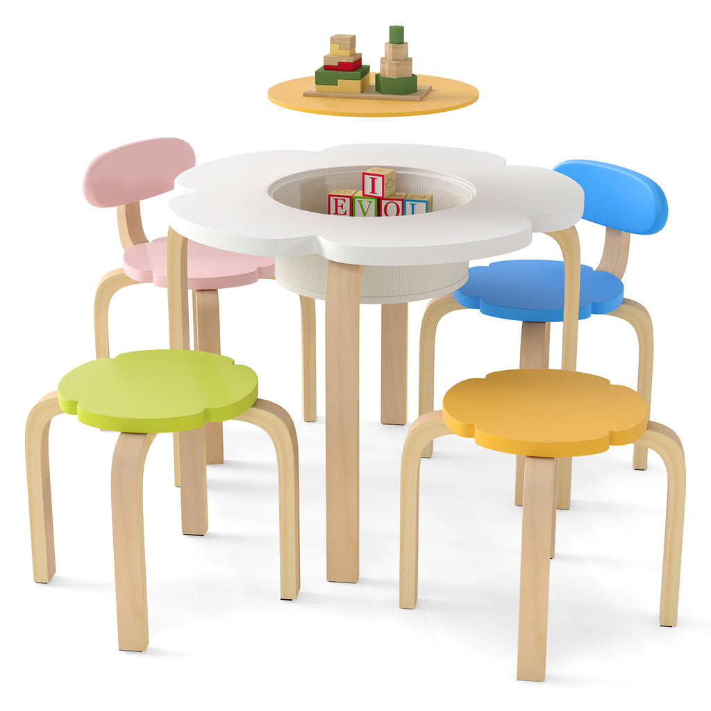 Flower-Shaped Children Table Set with 2 Colorful Chairs and Stools - Multicolor