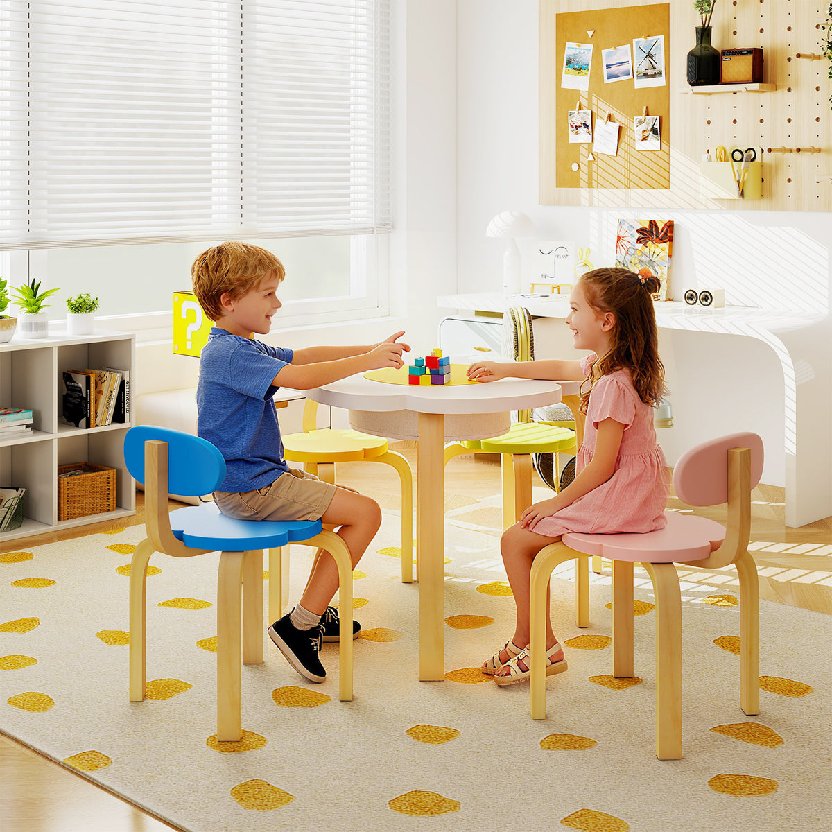 Flower-Shaped Children Table Set with 2 Colorful Chairs and Stools - Multicolor