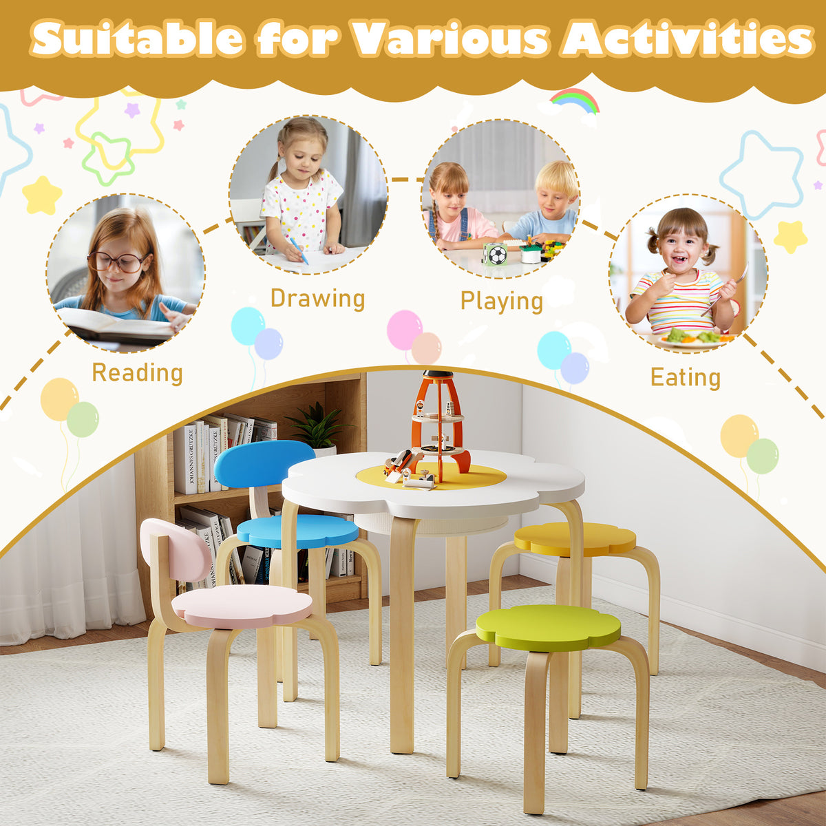 Flower-Shaped Children Table Set with 2 Colorful Chairs and Stools - Multicolor