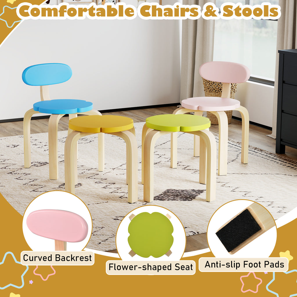Flower-Shaped Children Table Set with 2 Colorful Chairs and Stools - Multicolor