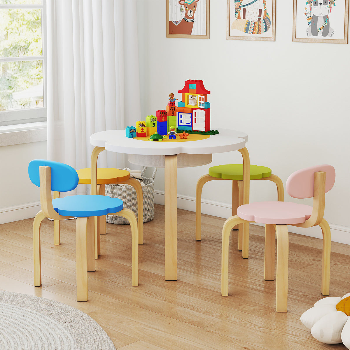 Flower-Shaped Children Table Set with 2 Colorful Chairs and Stools - Multicolor