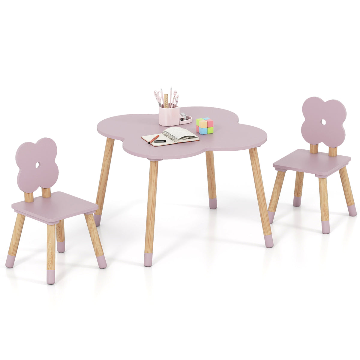 Flower-Shaped Kids Table Set with Pink Solid Wood Legs - Adorable & Safe Play & Study Furniture