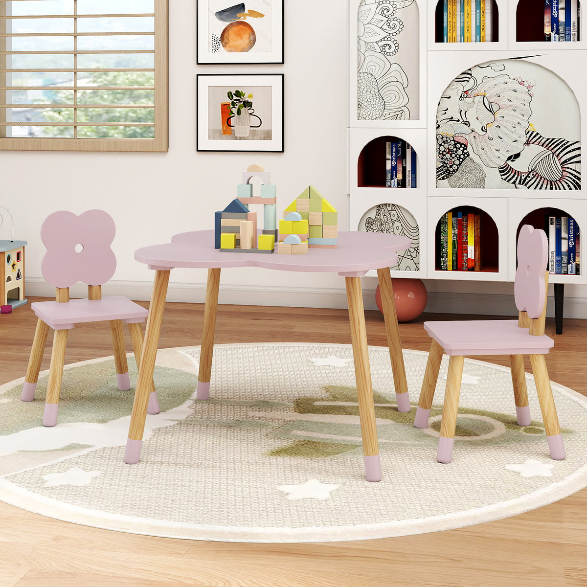 Flower-Shaped Kids Table Set with Pink Solid Wood Legs - Adorable & Safe Play & Study Furniture