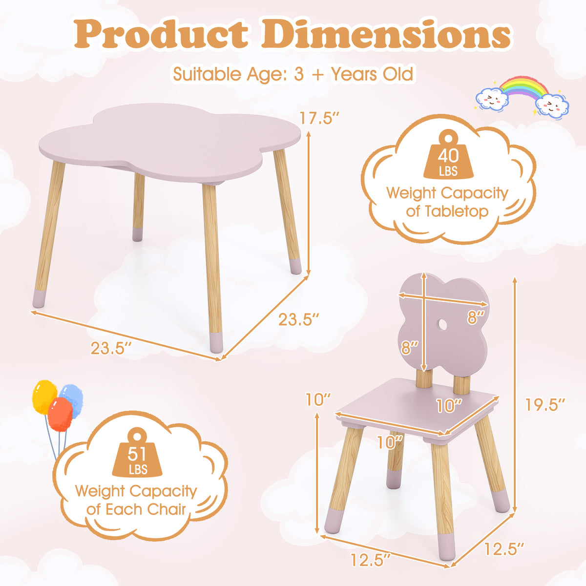 Flower-Shaped Kids Table Set with Pink Solid Wood Legs - Adorable & Safe Play & Study Furniture