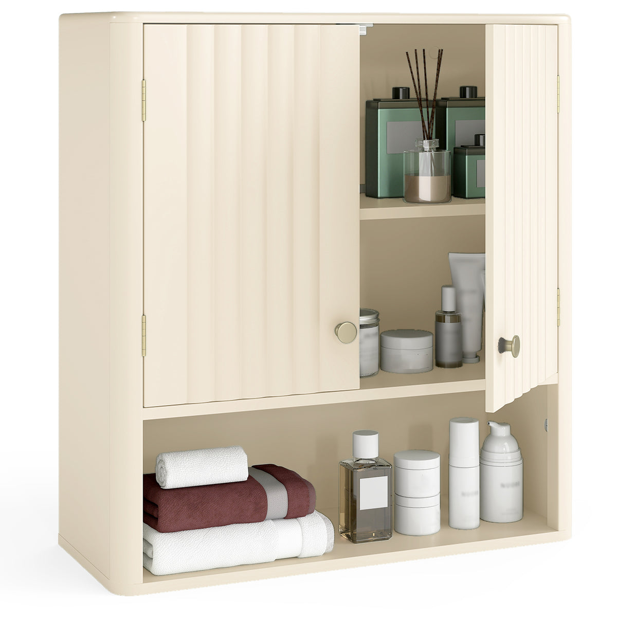 Fluted Bathroom Wall Cabinet with Open Shelf