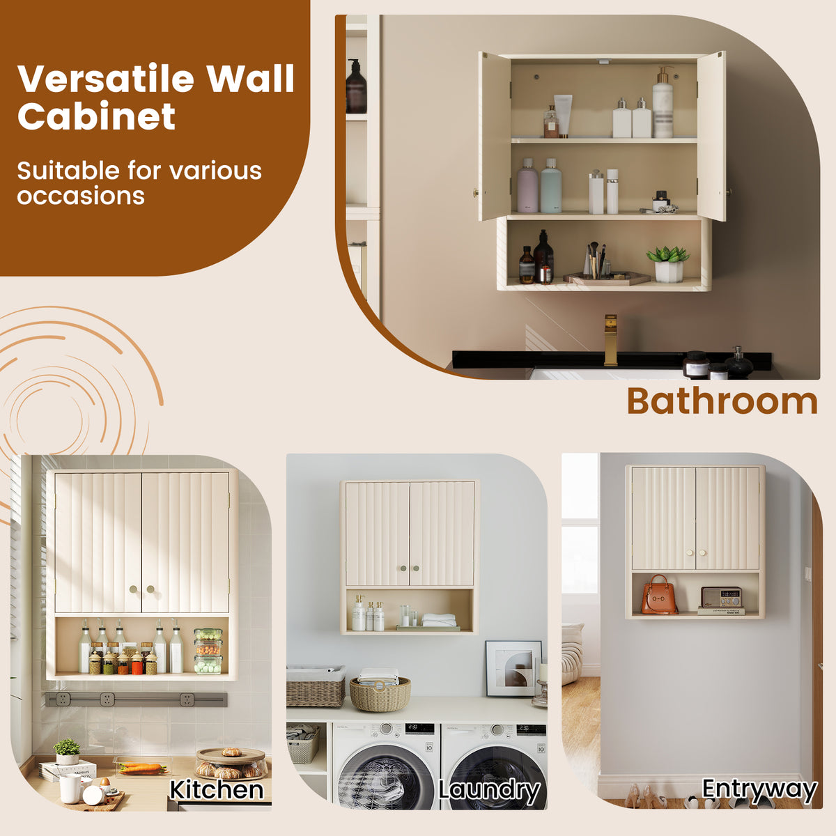 Fluted Bathroom Wall Cabinet with Open Shelf