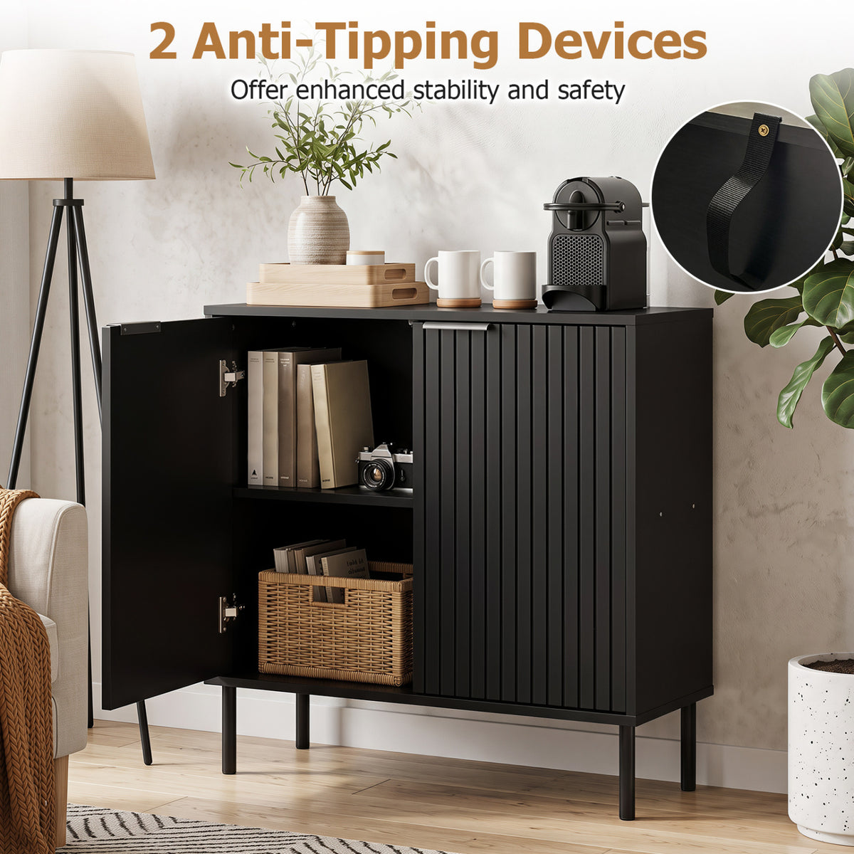 Fluted Buffet Sideboard 2-Door Cabinet - Black