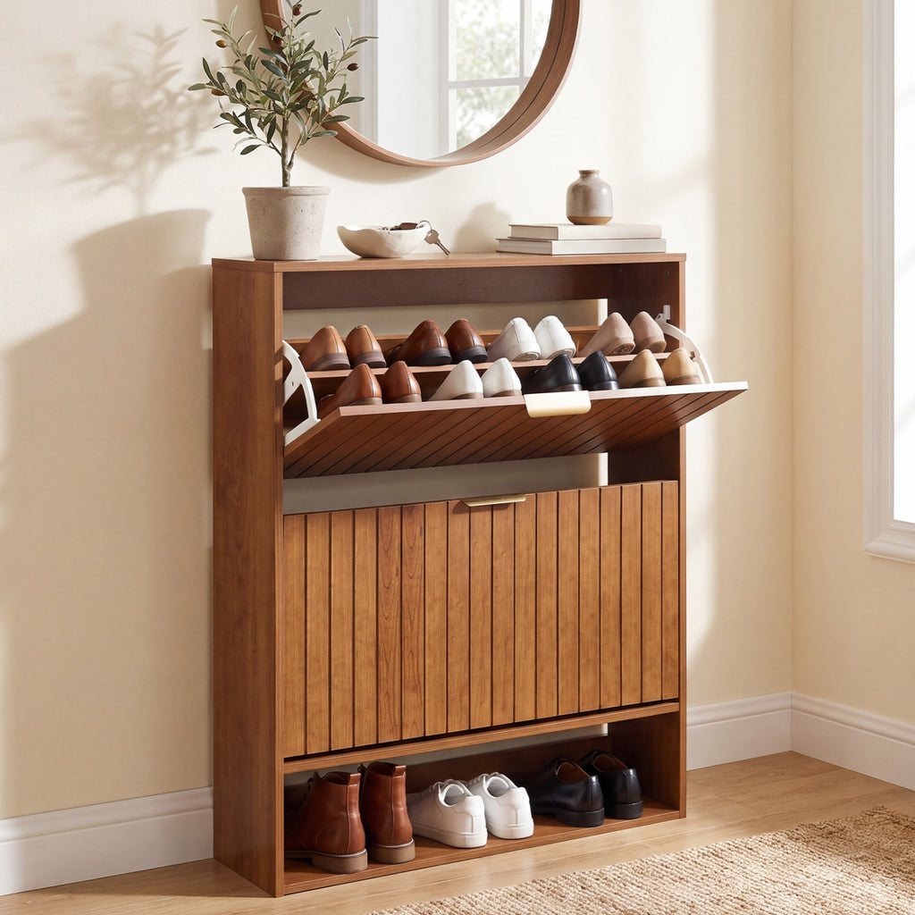 Fluted Shoe Cabinet with 2 Flip Drawers & Open Storage - Walnut
