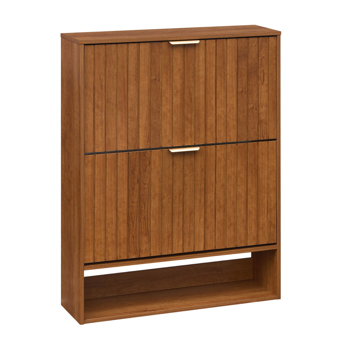 Fluted Shoe Cabinet with 2 Flip Drawers & Open Storage - Walnut
