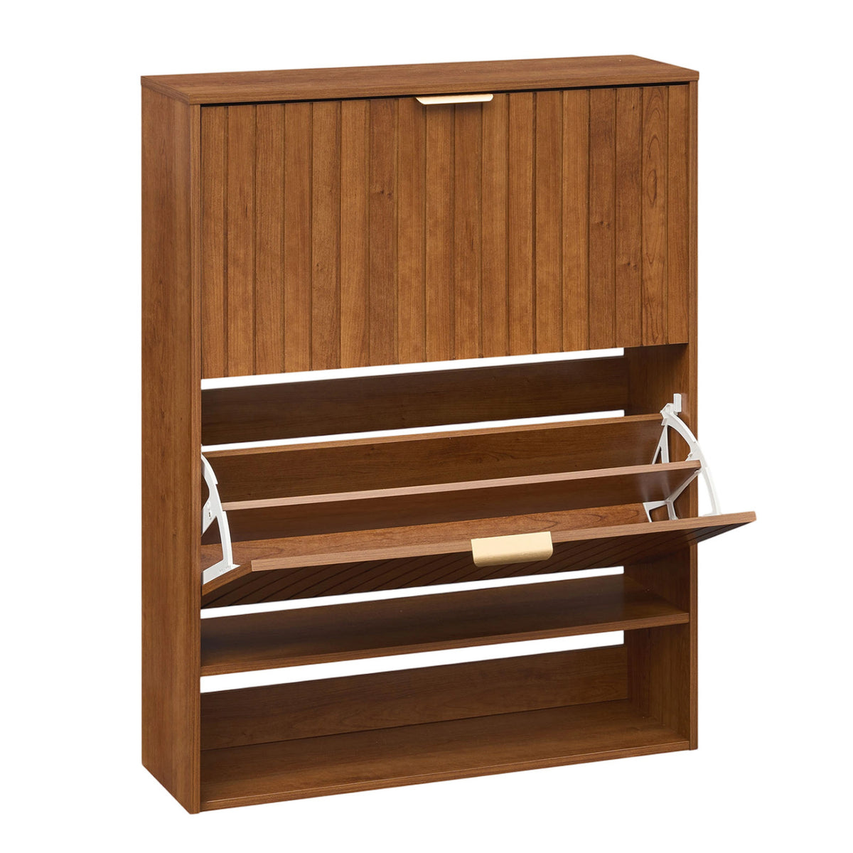 Fluted Shoe Cabinet with 2 Flip Drawers & Open Storage - Walnut