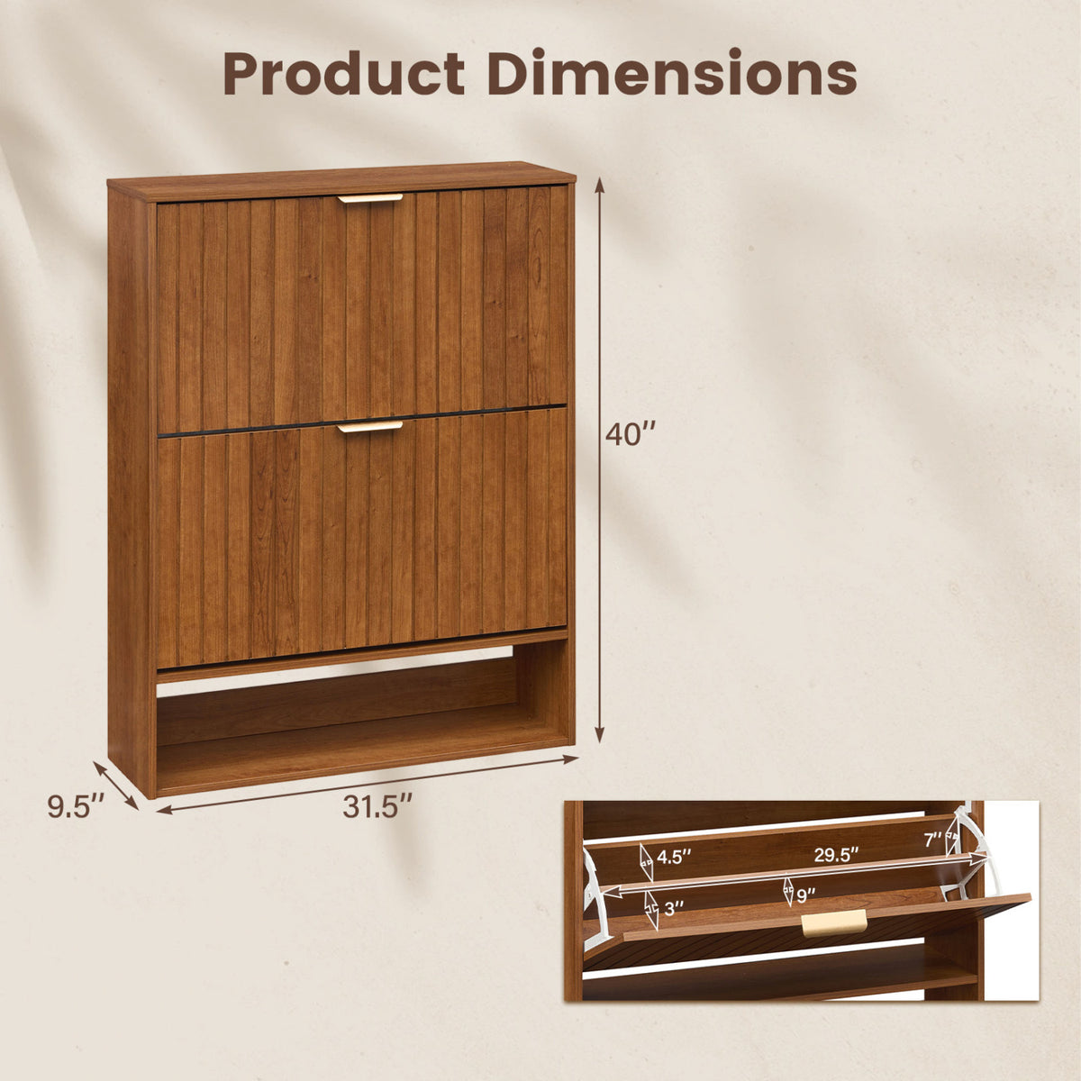 Fluted Shoe Cabinet with 2 Flip Drawers & Open Storage - Walnut