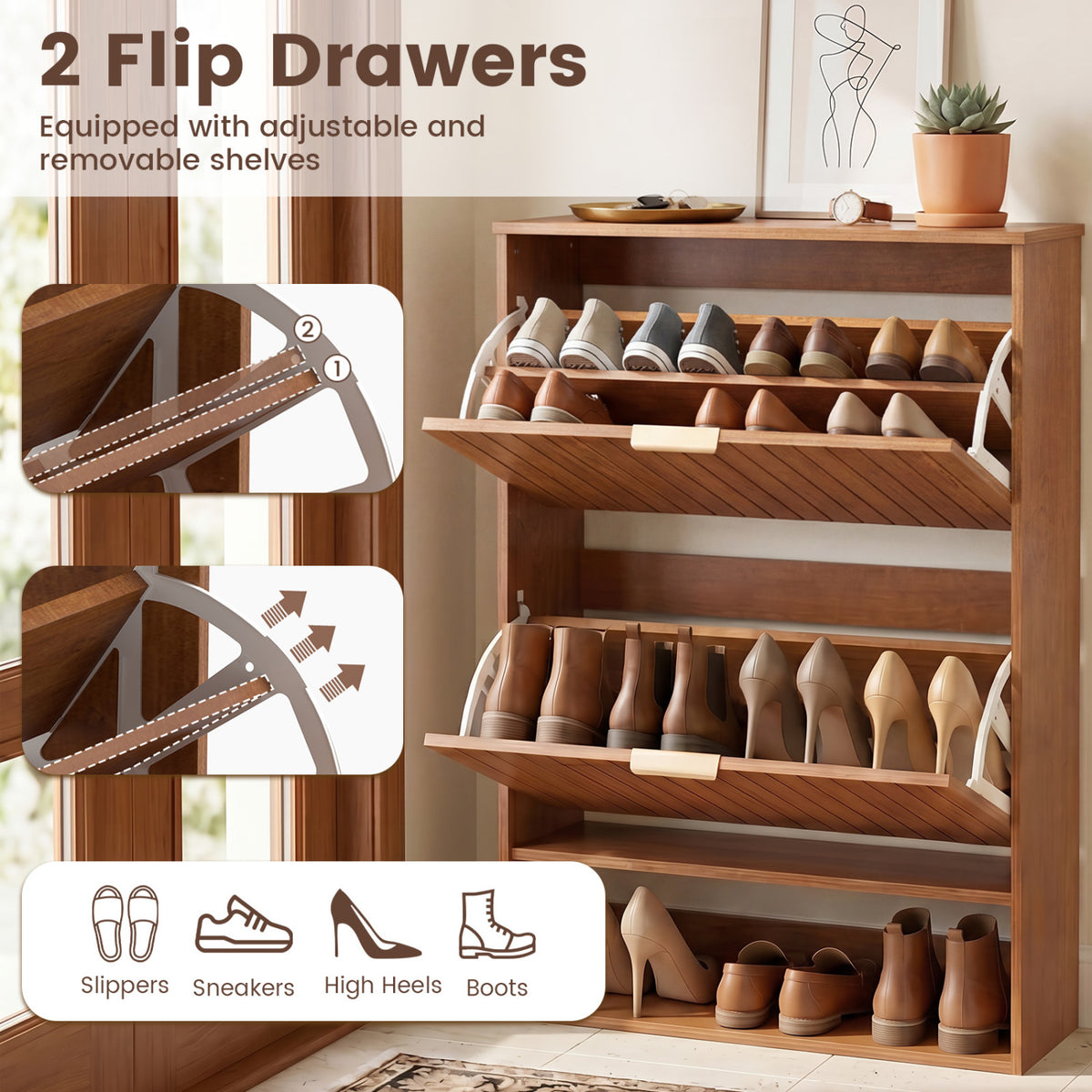 Fluted Shoe Cabinet with 2 Flip Drawers & Open Storage - Walnut