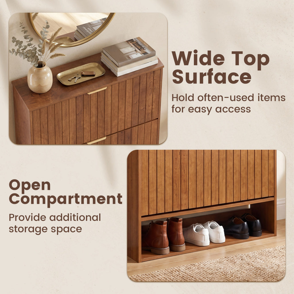 Fluted Shoe Cabinet with 2 Flip Drawers & Open Storage - Walnut