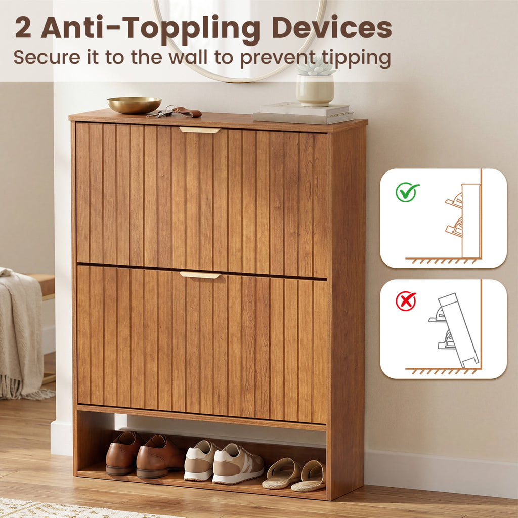 Fluted Shoe Cabinet with 2 Flip Drawers & Open Storage - Walnut