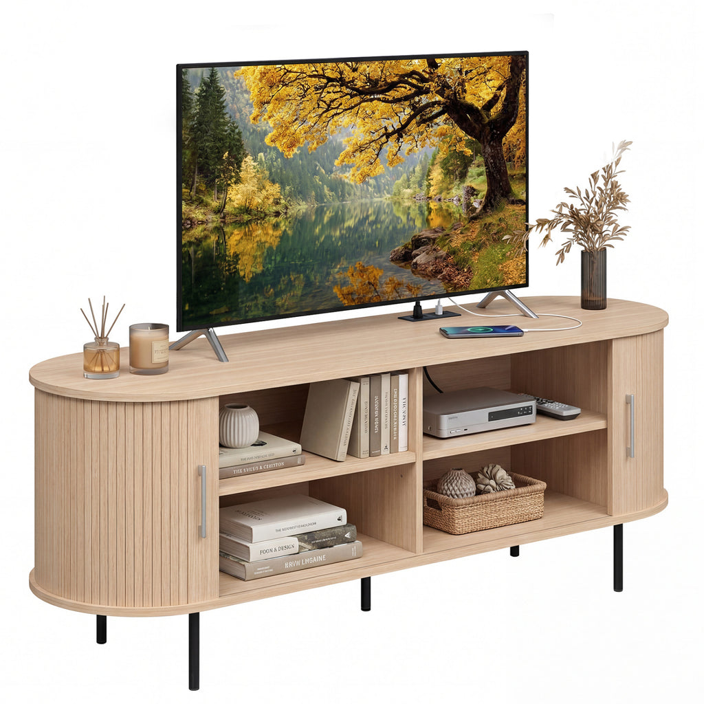 Mid Century Modern TV Stand for 80 Inch TVs with Sliding Doors - Walnut