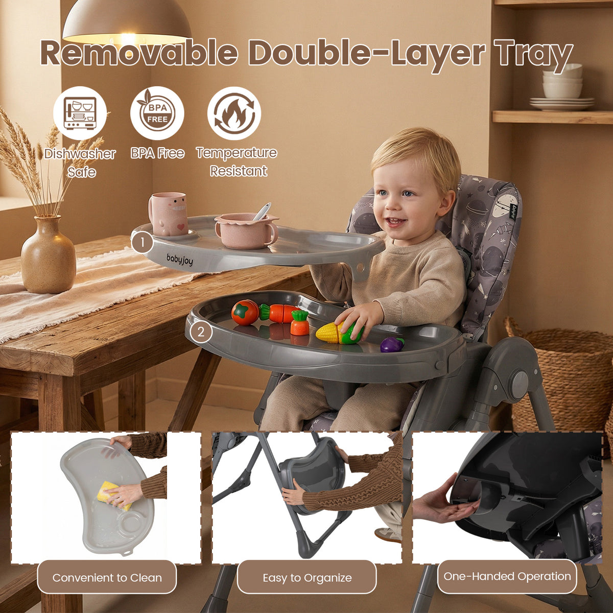 Folable High Chair with Detachable Cushion - Gray, Adjustable & Foldable Baby & Toddler Seat