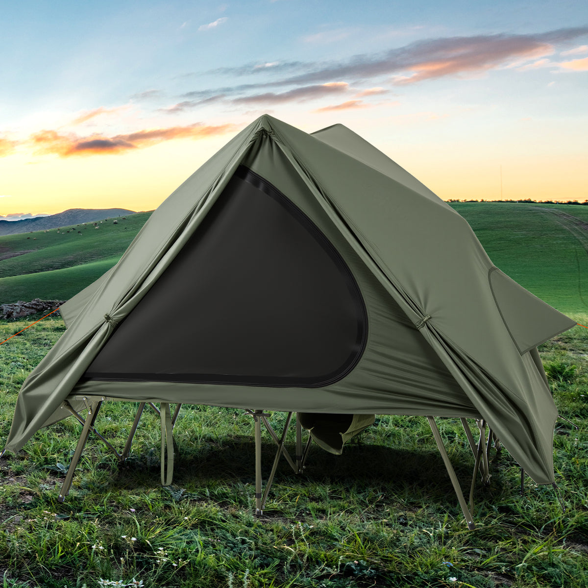 Foldable 2-Person Camping Cot Tent with Pop-Up Shelter - Green