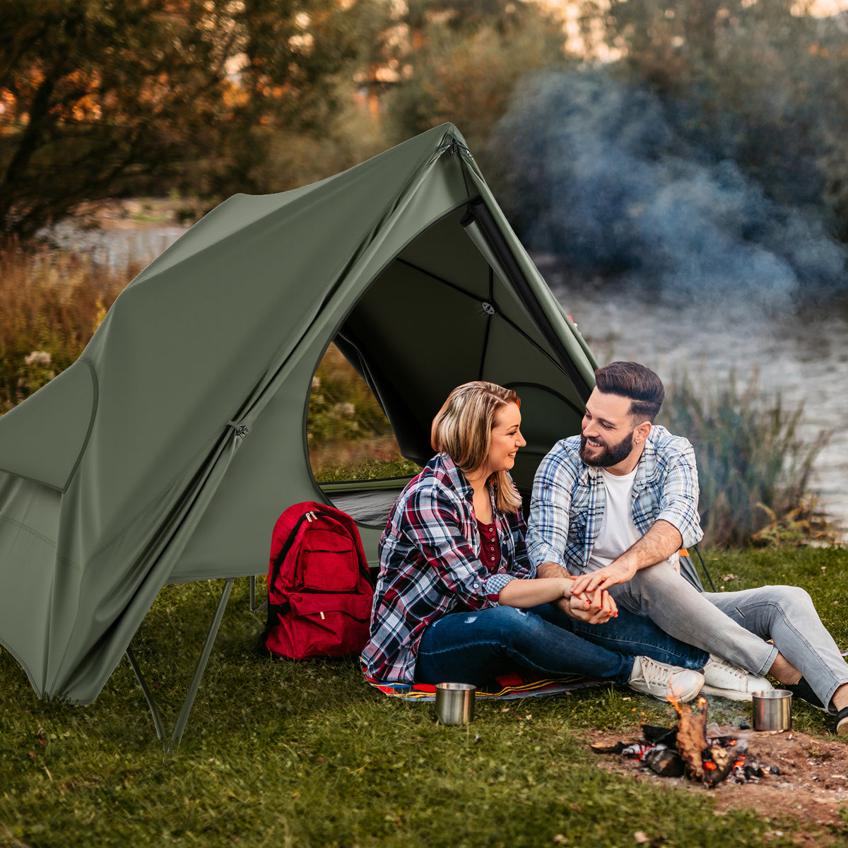 Foldable 2-Person Camping Cot Tent with Pop-Up Shelter - Green