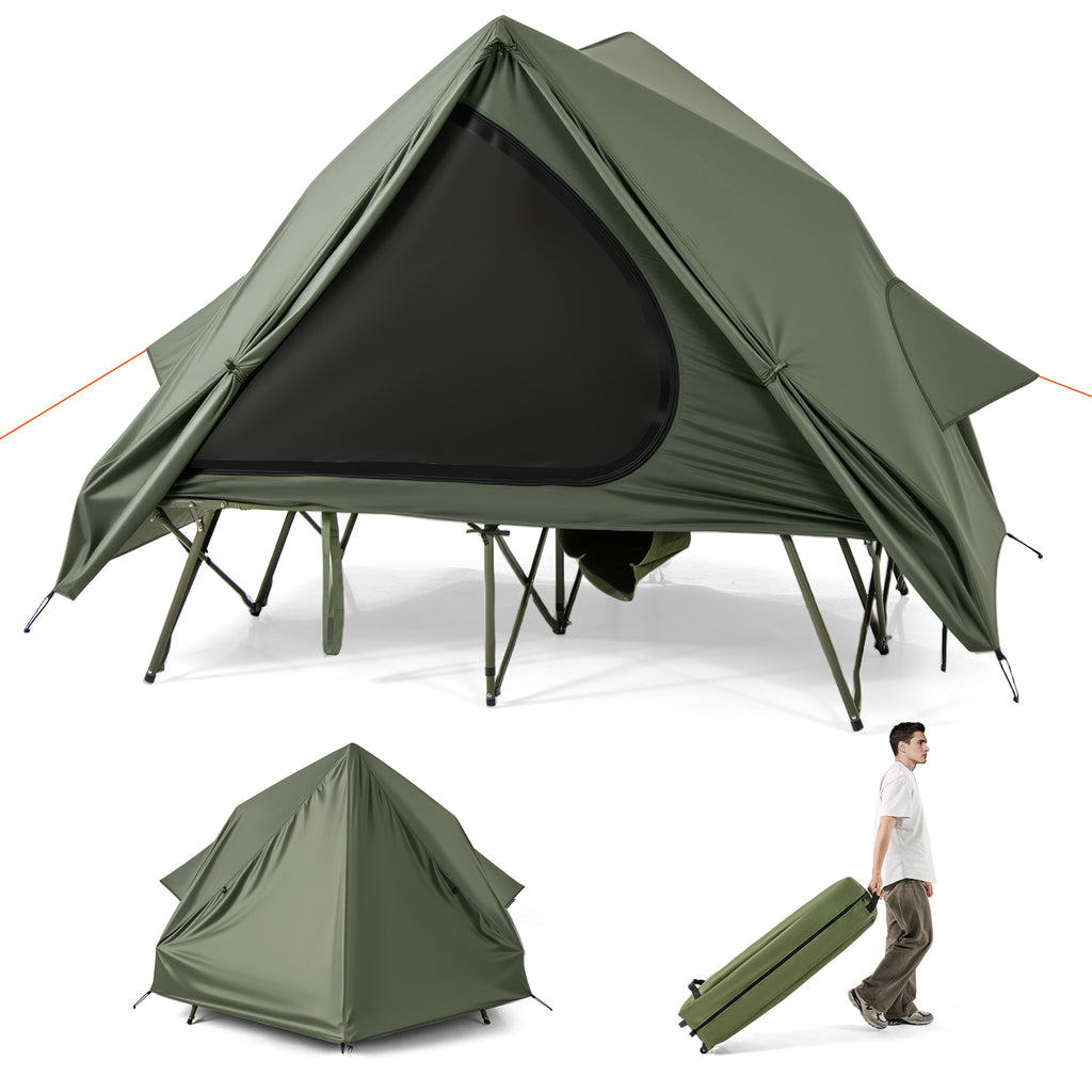 Foldable 2-Person Camping Cot Tent with Pop-Up Shelter - Green