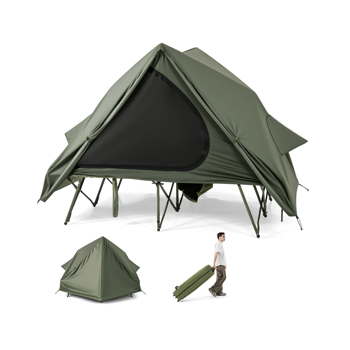 Foldable 2-Person Camping Cot Tent with Pop-Up Shelter - Green