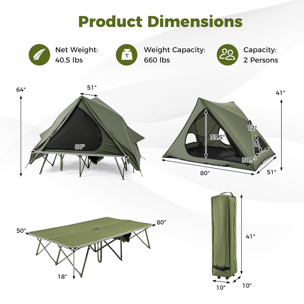 Foldable 2-Person Camping Cot Tent with Pop-Up Shelter - Green