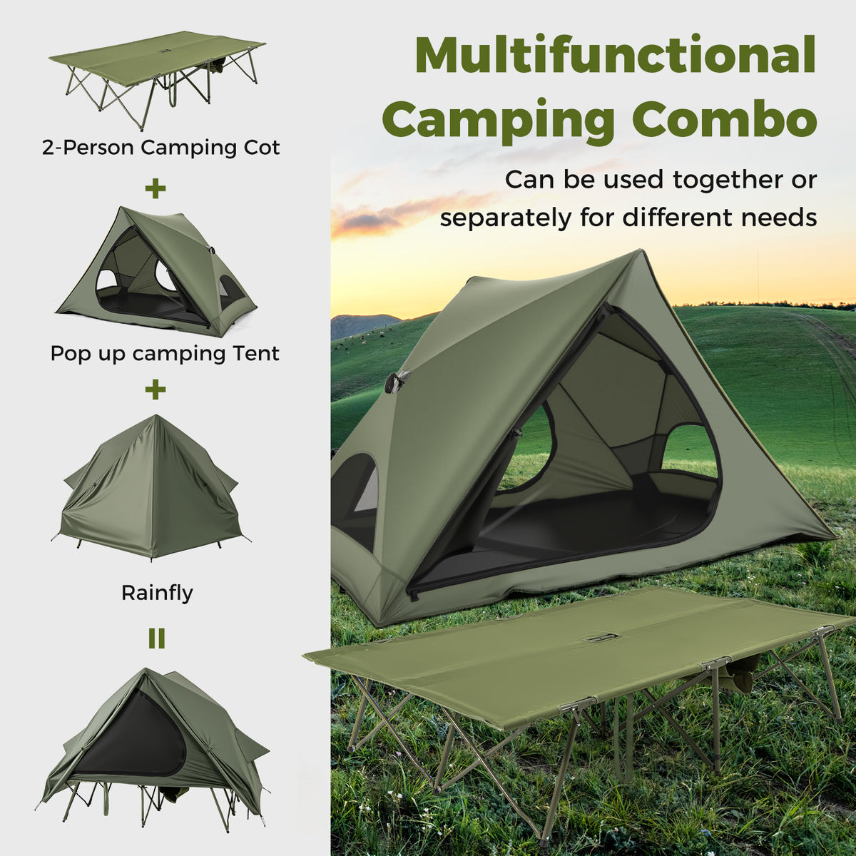 Foldable 2-Person Camping Cot Tent with Pop-Up Shelter - Green