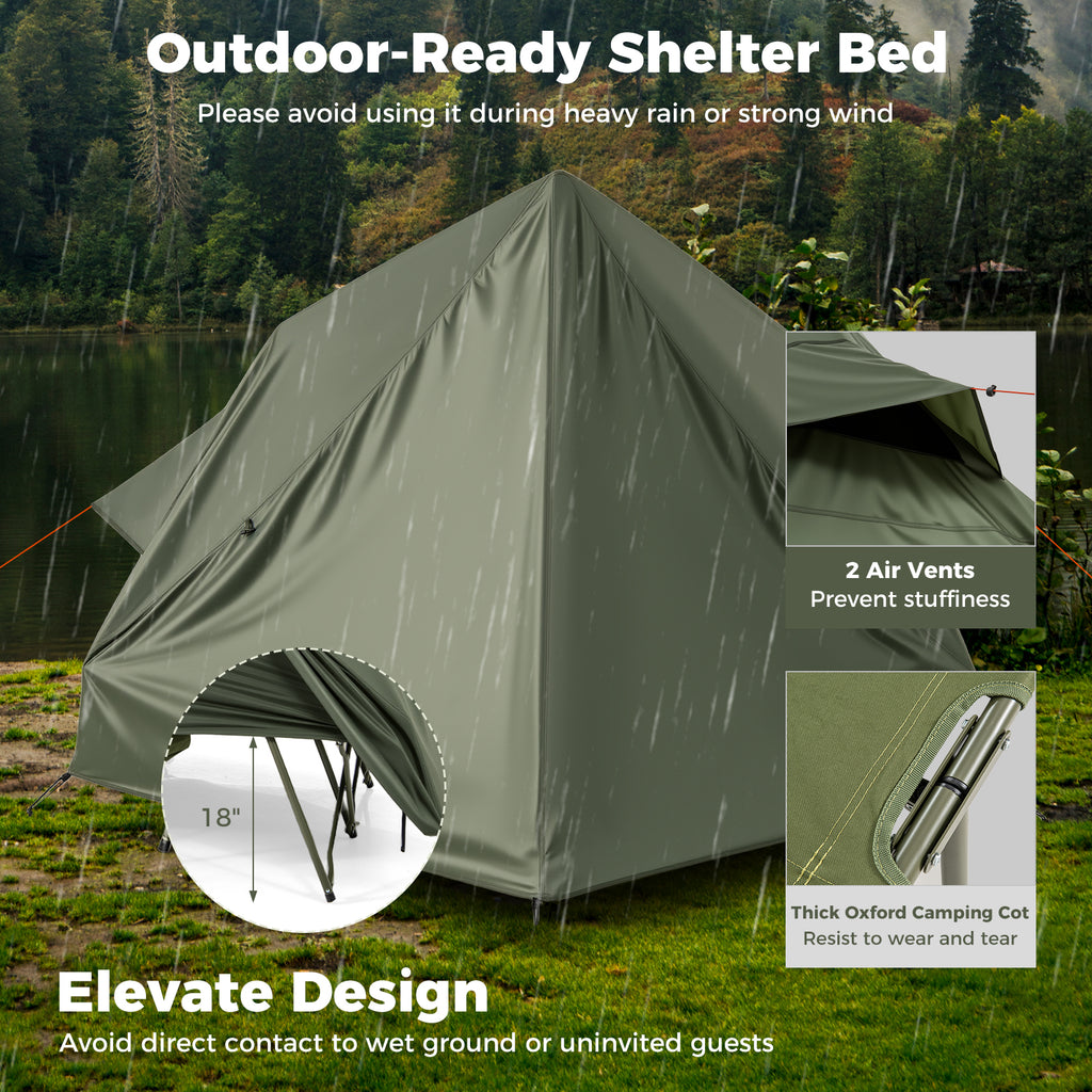 Foldable 2-Person Camping Cot Tent with Pop-Up Shelter - Green