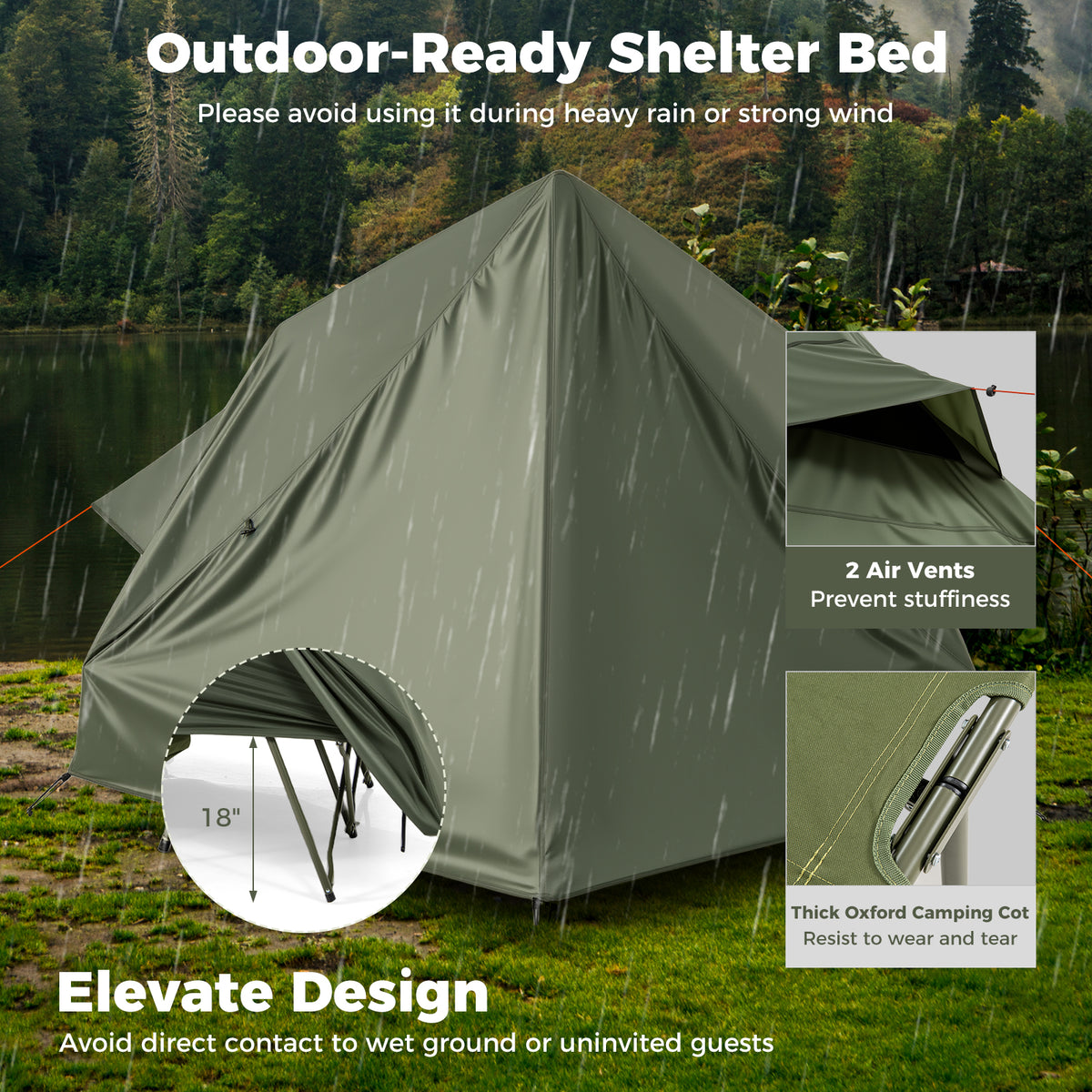 Foldable 2-Person Camping Cot Tent with Pop-Up Shelter - Green
