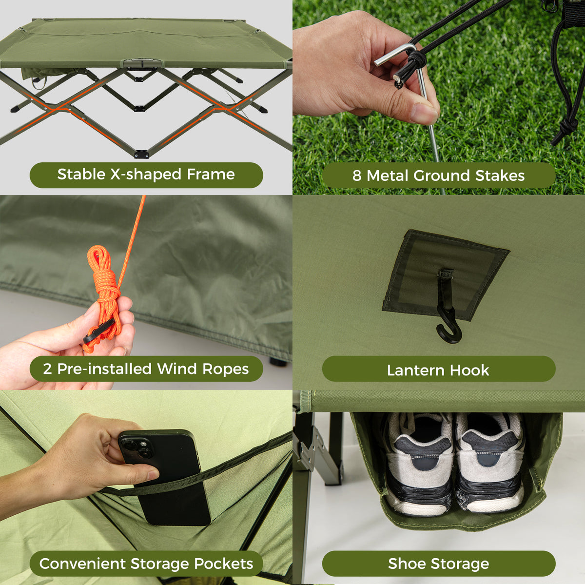 Foldable 2-Person Camping Cot Tent with Pop-Up Shelter - Green