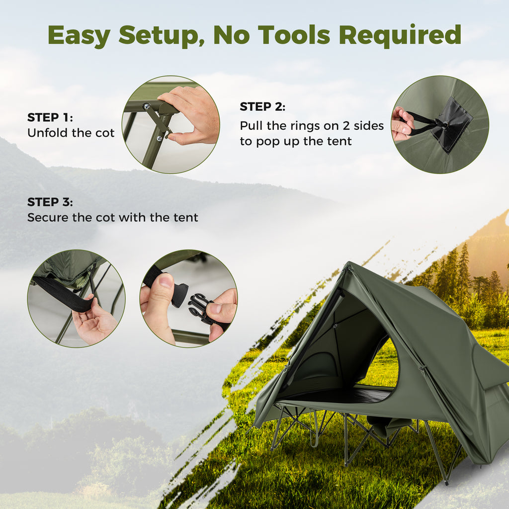 Foldable 2-Person Camping Cot Tent with Pop-Up Shelter - Green