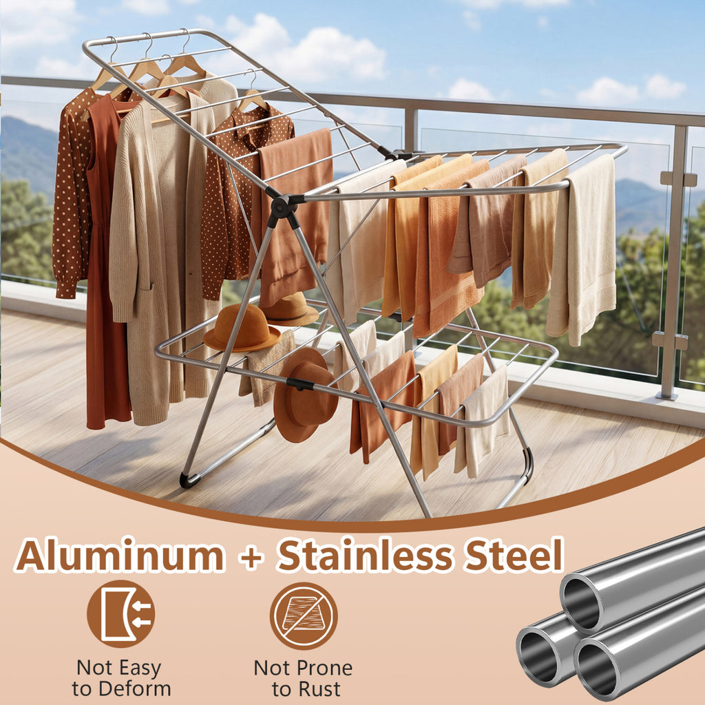 Foldable 2-Tier Clothes Drying Rack - Aluminum Wide