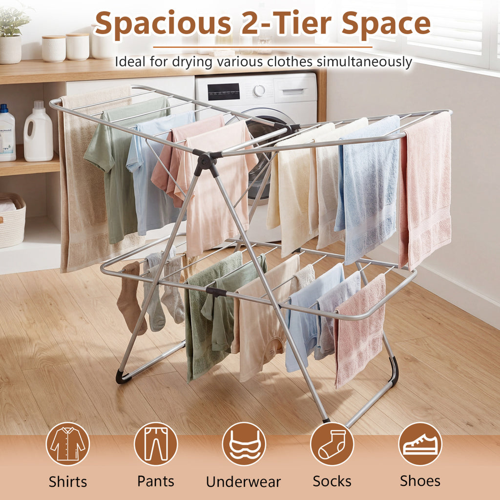 Foldable 2-Tier Clothes Drying Rack - Aluminum Wide