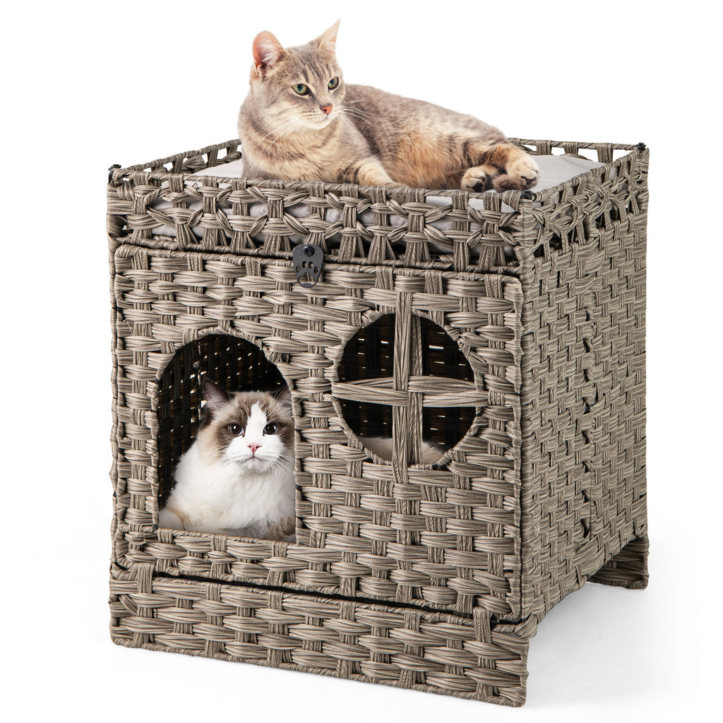 Foldable 2-Tier Rattan Cat Litter Box Enclosure with Litter Mat - Gray
