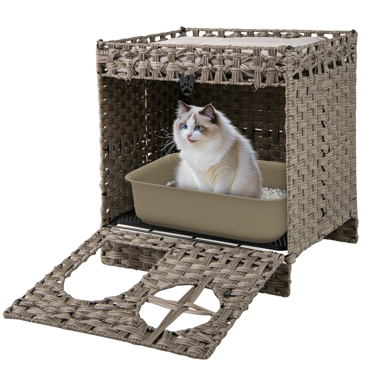 Foldable 2-Tier Rattan Cat Litter Box Enclosure with Litter Mat - Gray