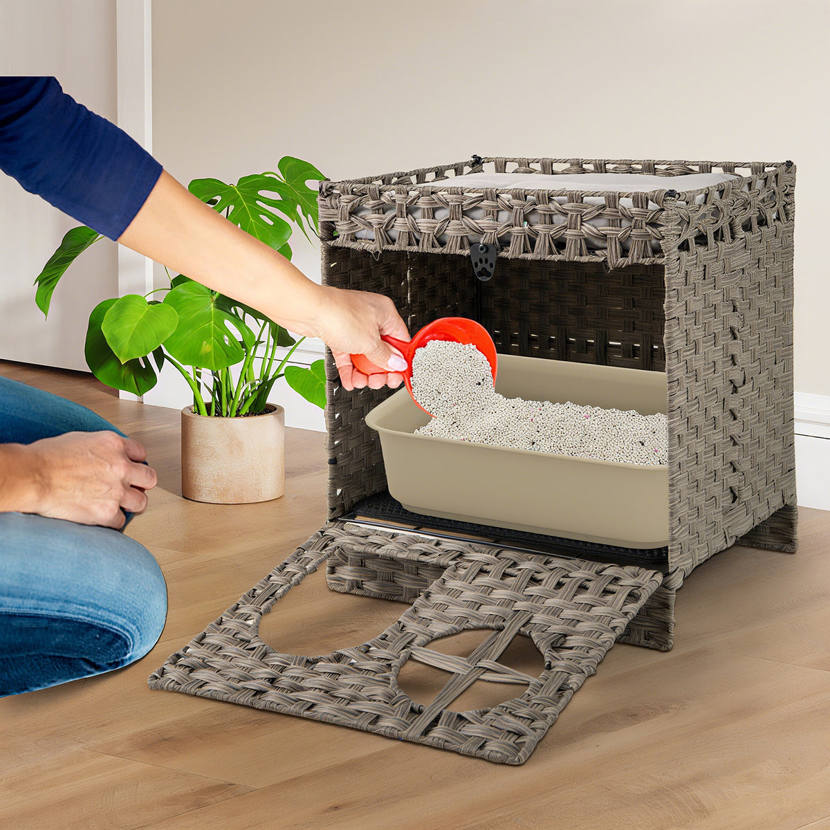 Foldable 2-Tier Rattan Cat Litter Box Enclosure with Litter Mat - Gray