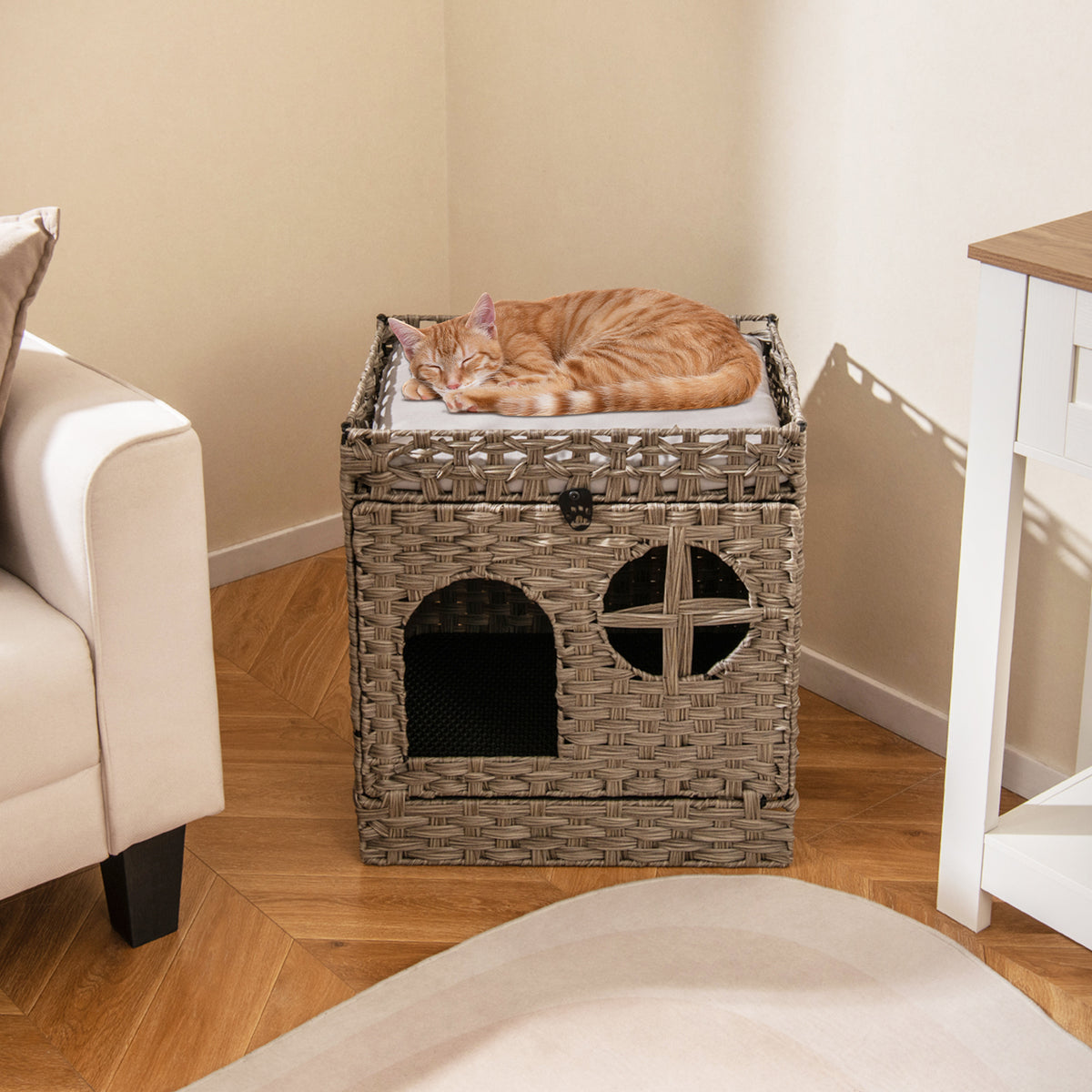Foldable 2-Tier Rattan Cat Litter Box Enclosure with Litter Mat - Gray