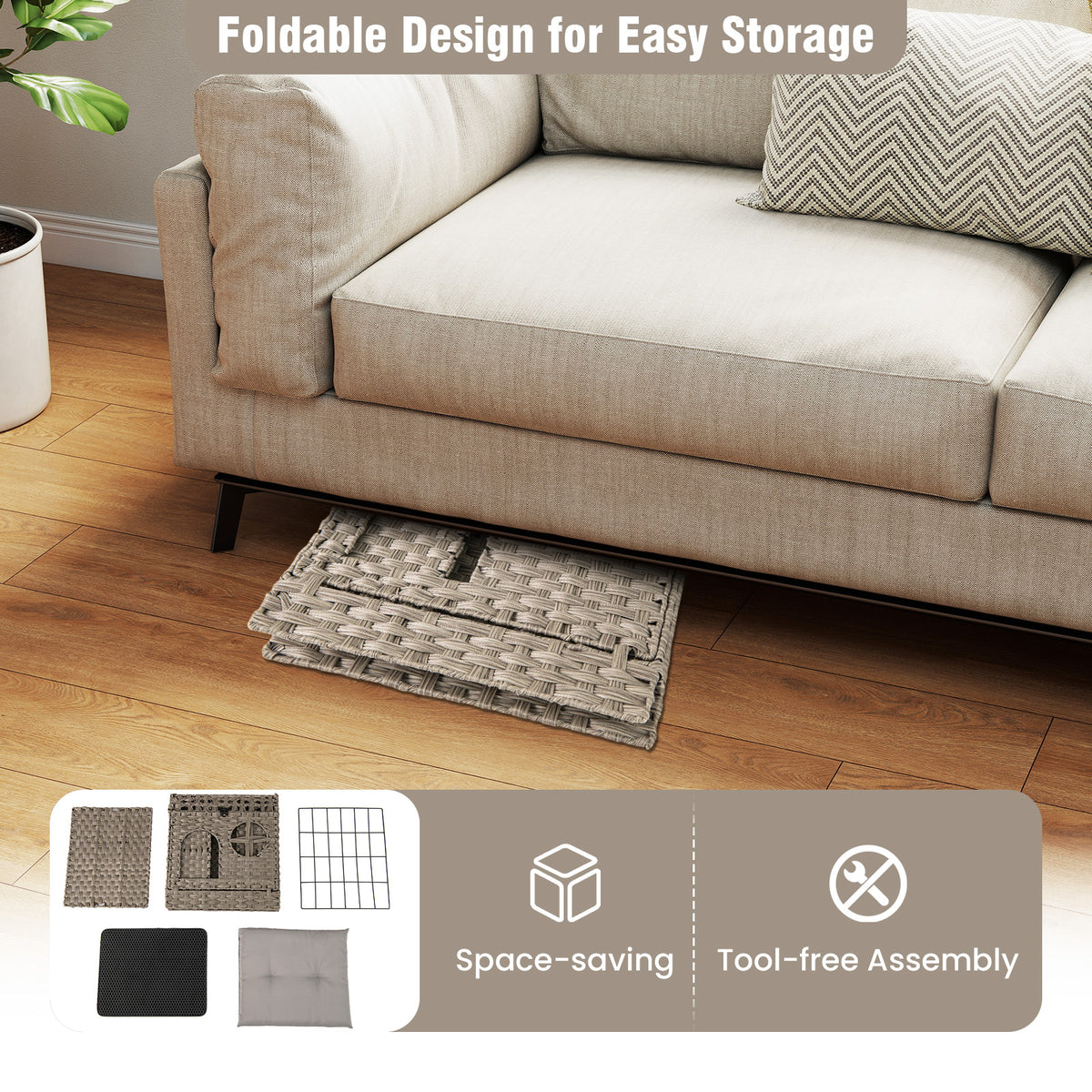 Foldable 2-Tier Rattan Cat Litter Box Enclosure with Litter Mat - Gray