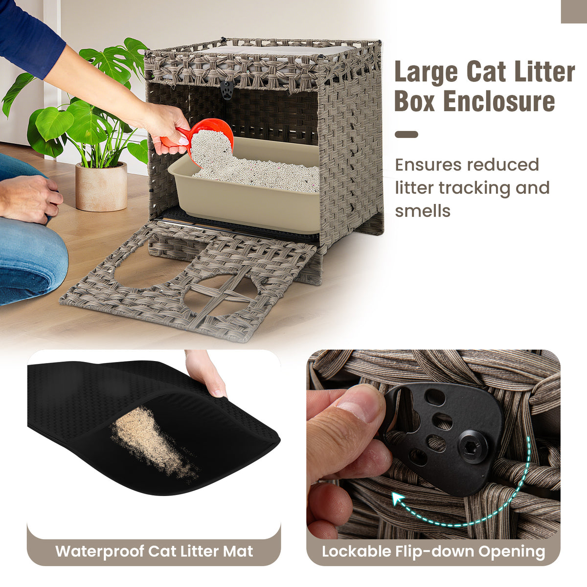 Foldable 2-Tier Rattan Cat Litter Box Enclosure with Litter Mat - Gray