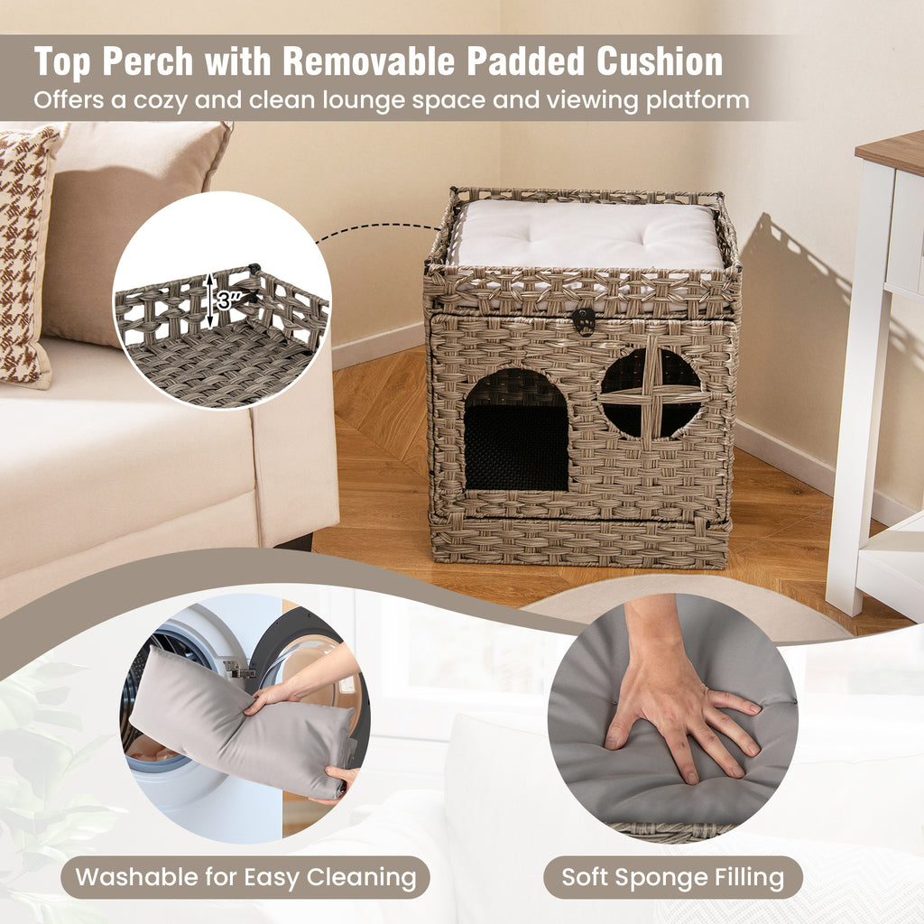 Foldable 2-Tier Rattan Cat Litter Box Enclosure with Litter Mat - Gray