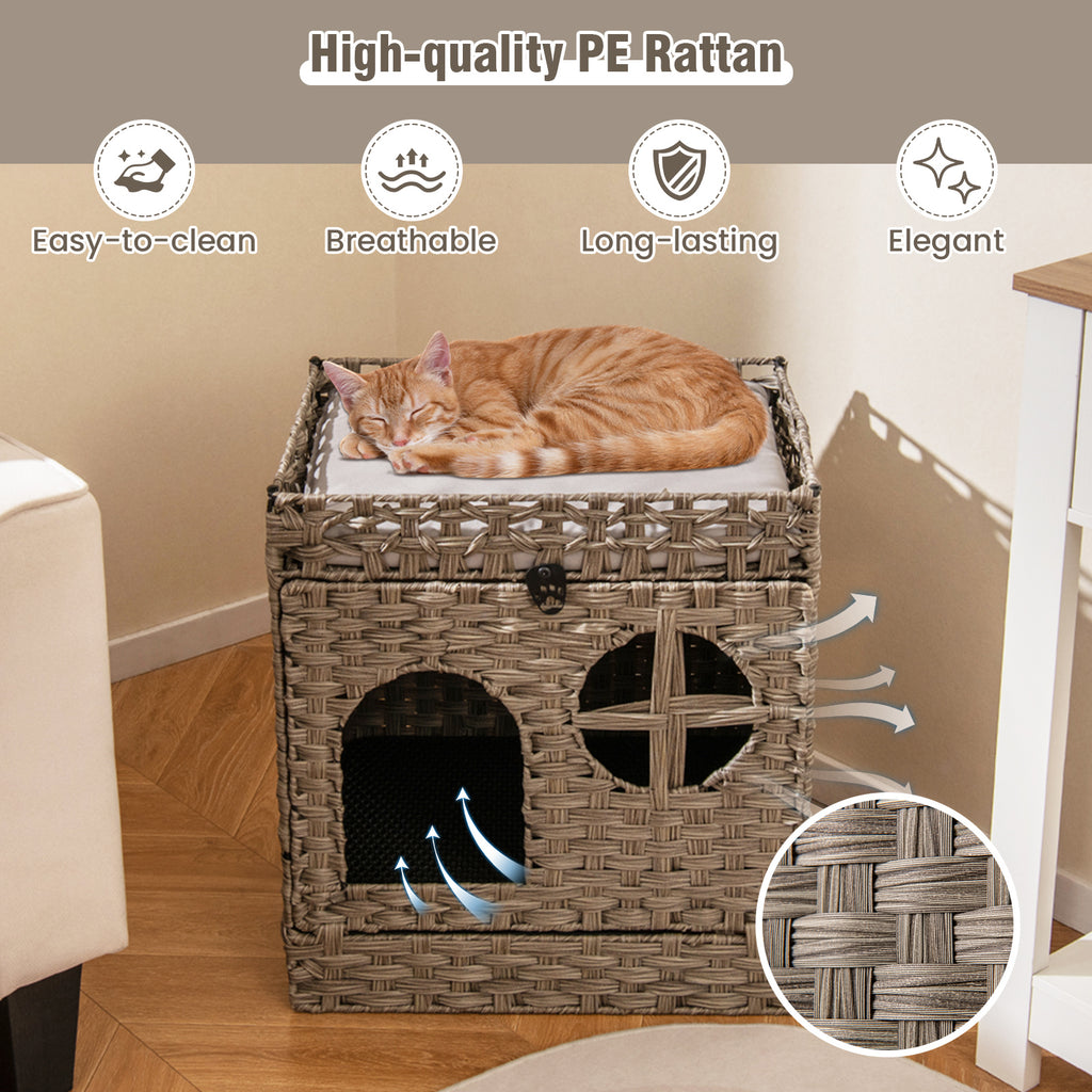 Foldable 2-Tier Rattan Cat Litter Box Enclosure with Litter Mat - Gray