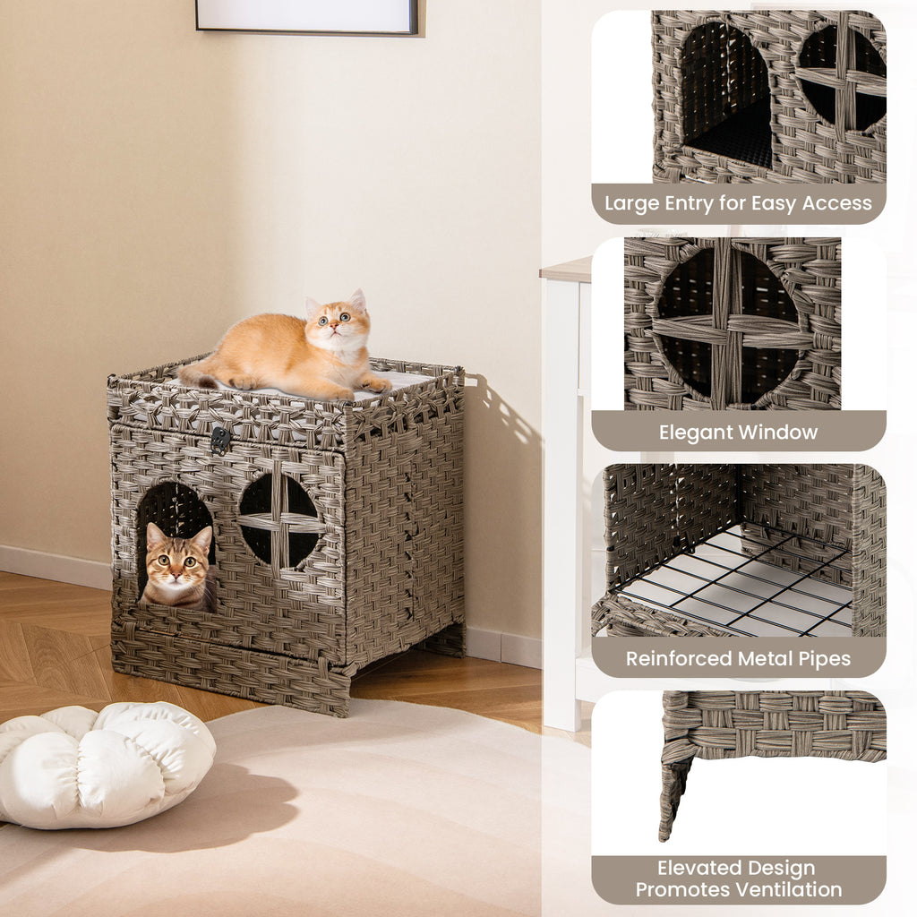 Foldable 2-Tier Rattan Cat Litter Box Enclosure with Litter Mat - Gray