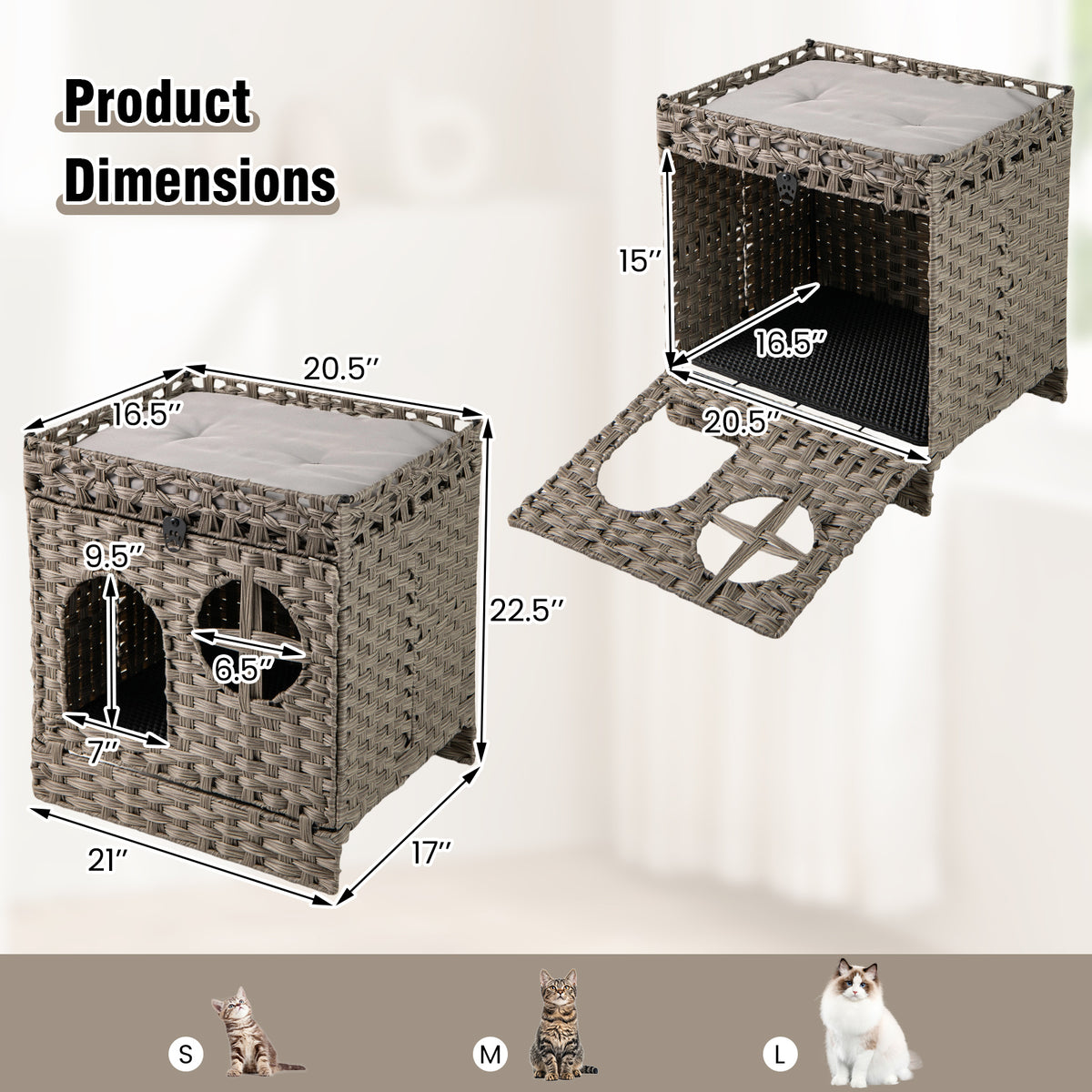 Foldable 2-Tier Rattan Cat Litter Box Enclosure with Litter Mat - Gray