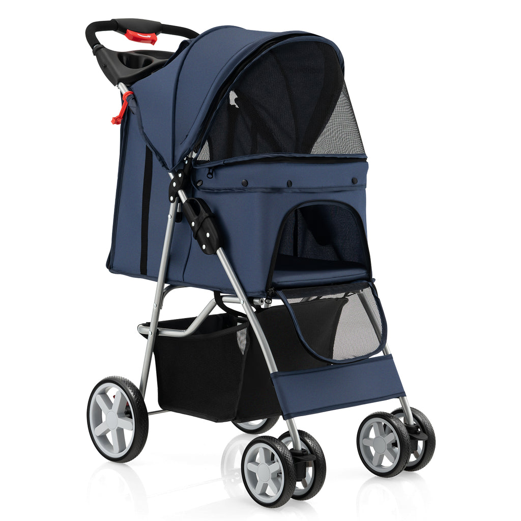 Foldable Pet Stroller with Storage Basket & Canopy - Navy, Bottom Basket Included