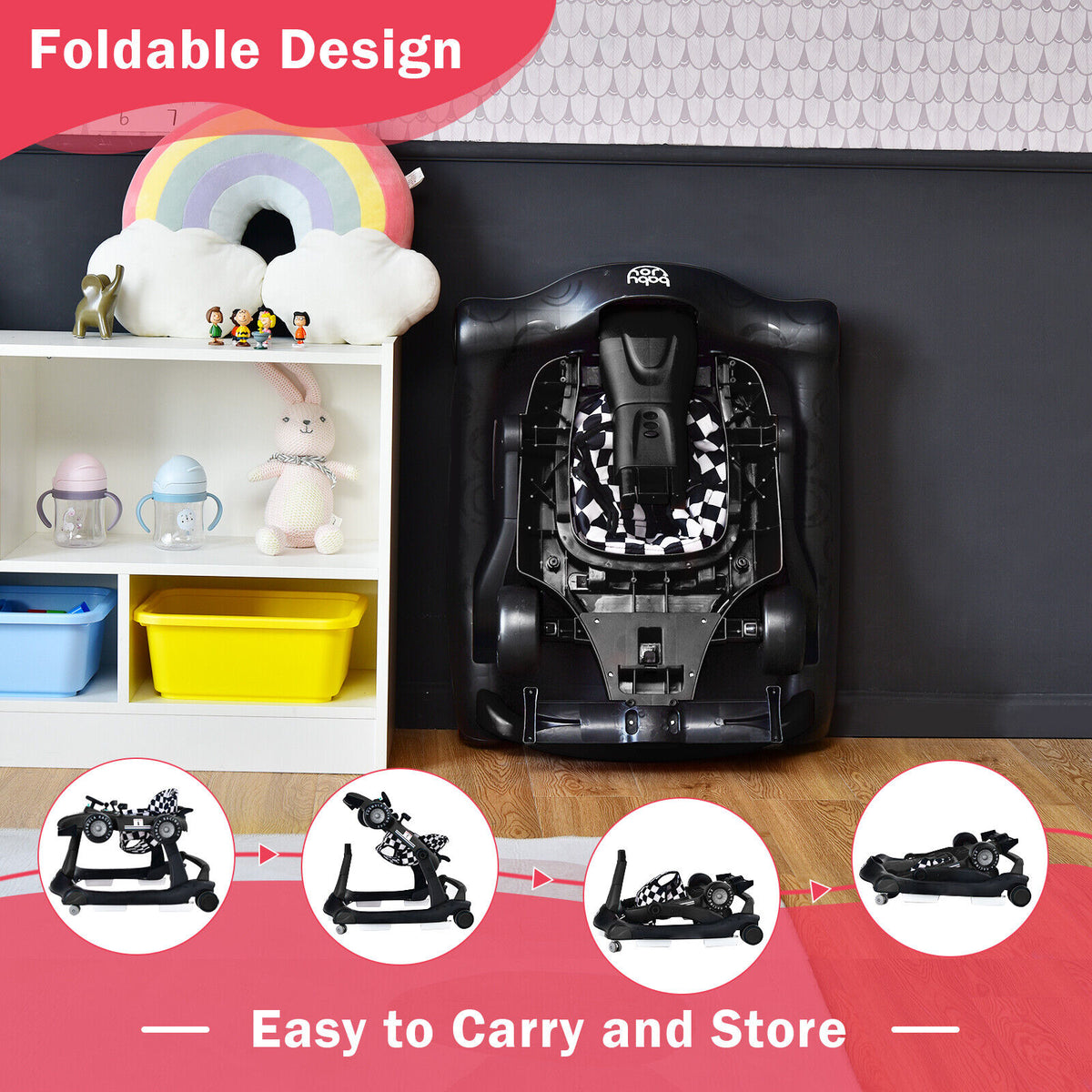4-in-1 Baby Push Walker with Adjustable Height & Music - Black