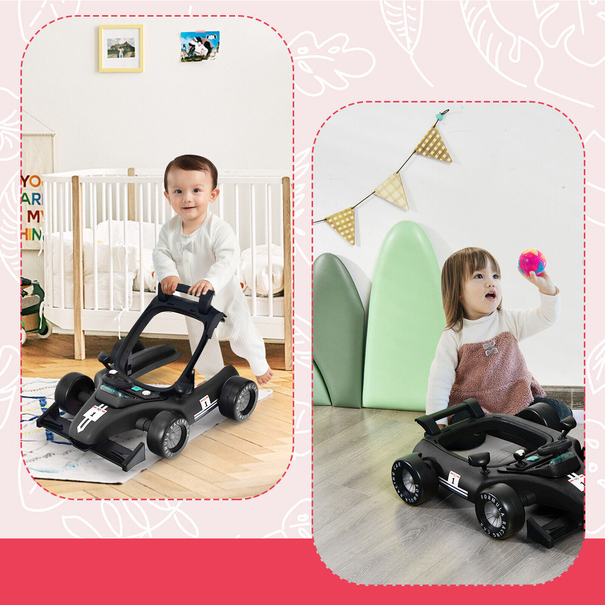 4-in-1 Baby Push Walker with Adjustable Height & Music - Black